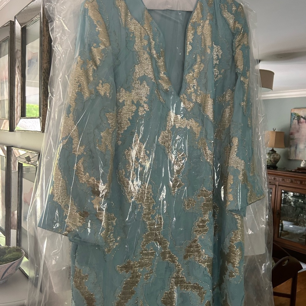 Mestiza Ines Turquoise and Gold Jacquard Dress - Picture 4 of 4
